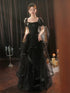 Black A-line Tulle Short Sleeves Layers Long Formal Dress, Black Tulle Prom Dress